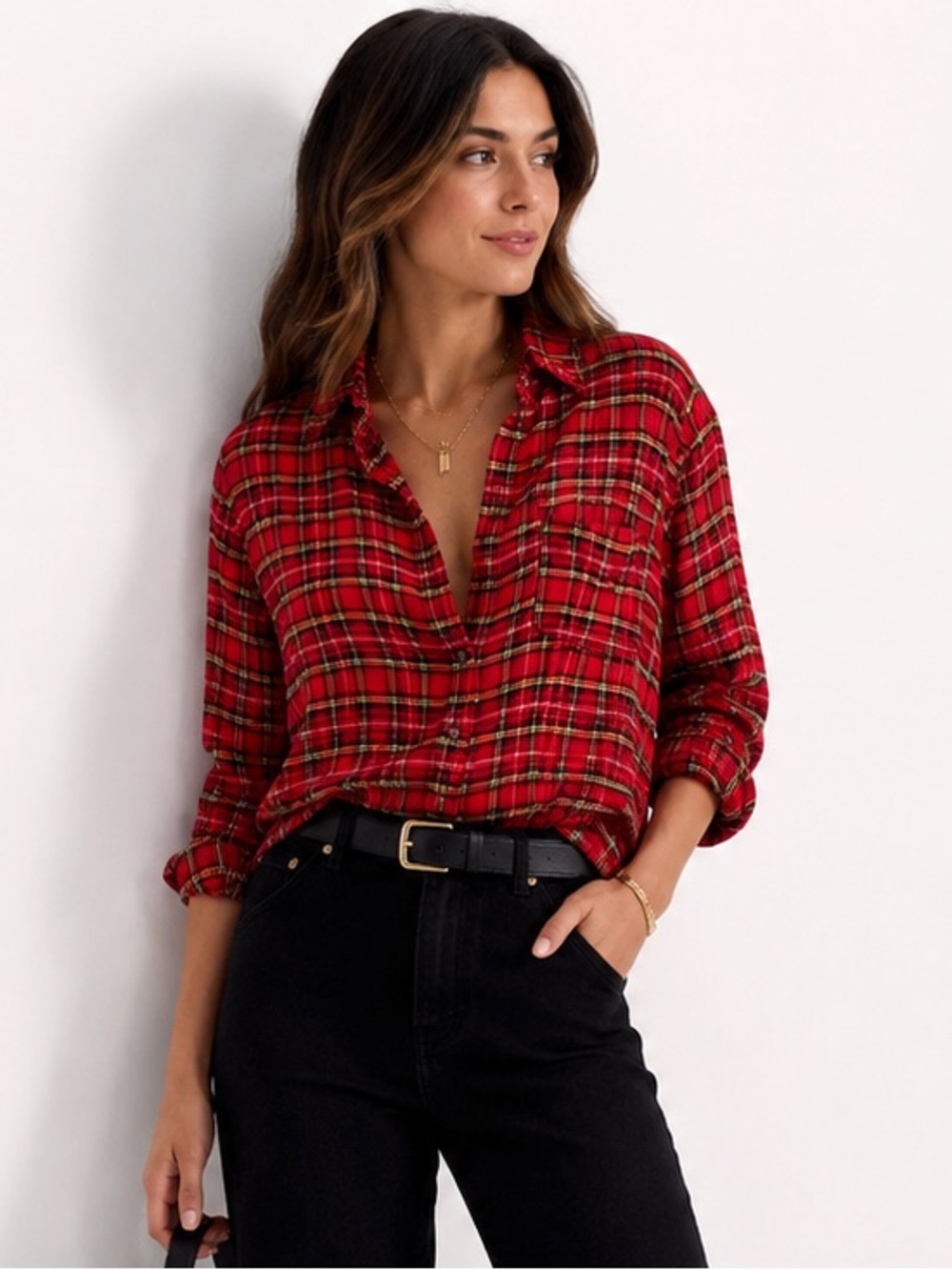 KUT From The Kloth Red Tartan Plaid Button Up Shirt Soft Rayon Holiday XS